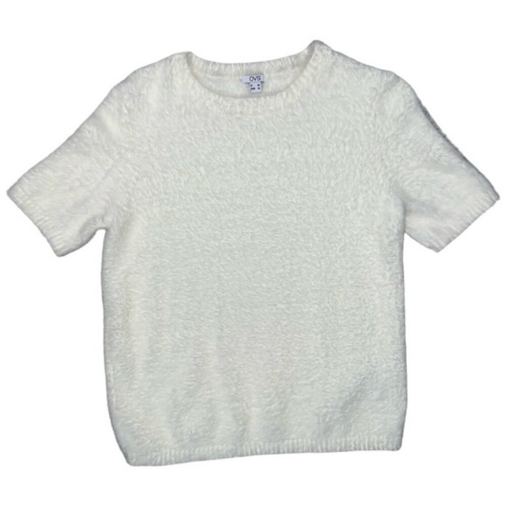 OVS off-white fluffy faux fur short sleeves to size M